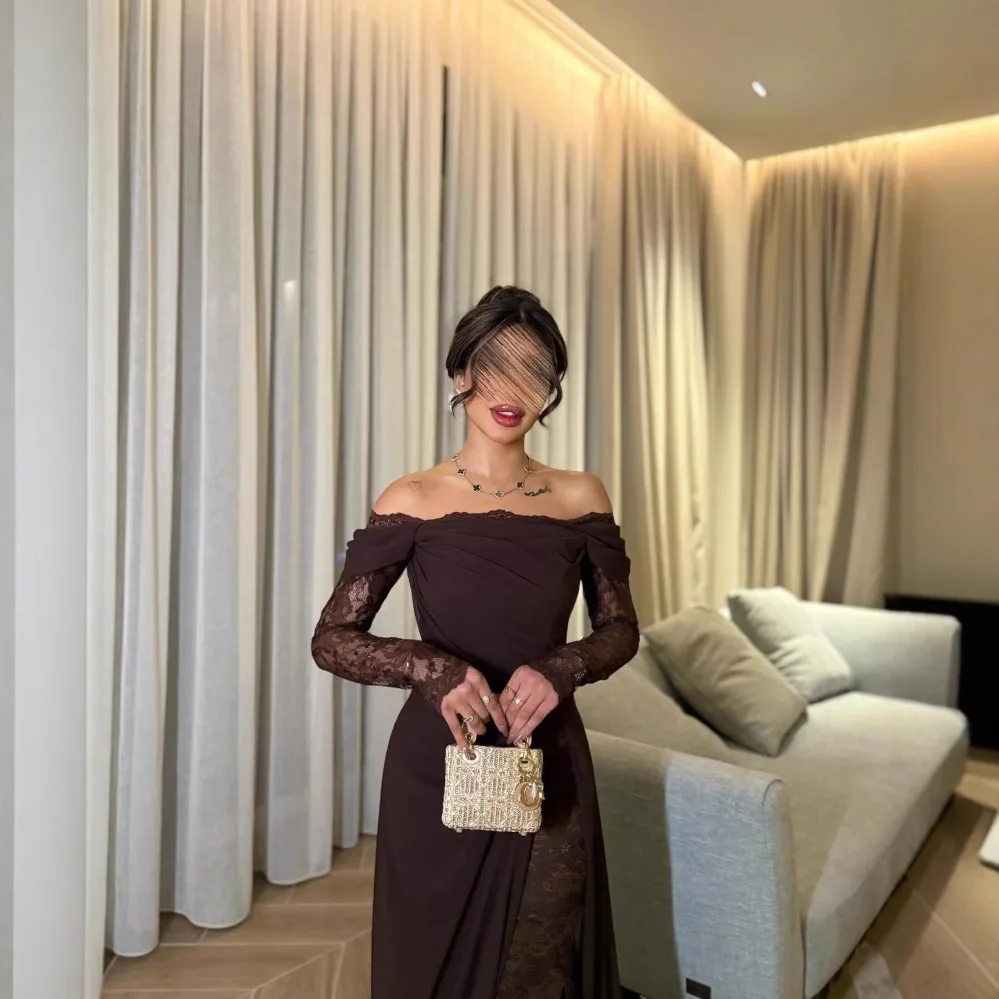 2025 Vintage Spring Summer New Fashion Women's Solid Color Long Sleeve Floor Length Slash Neck Lace Spliced Casual Trendy Dress