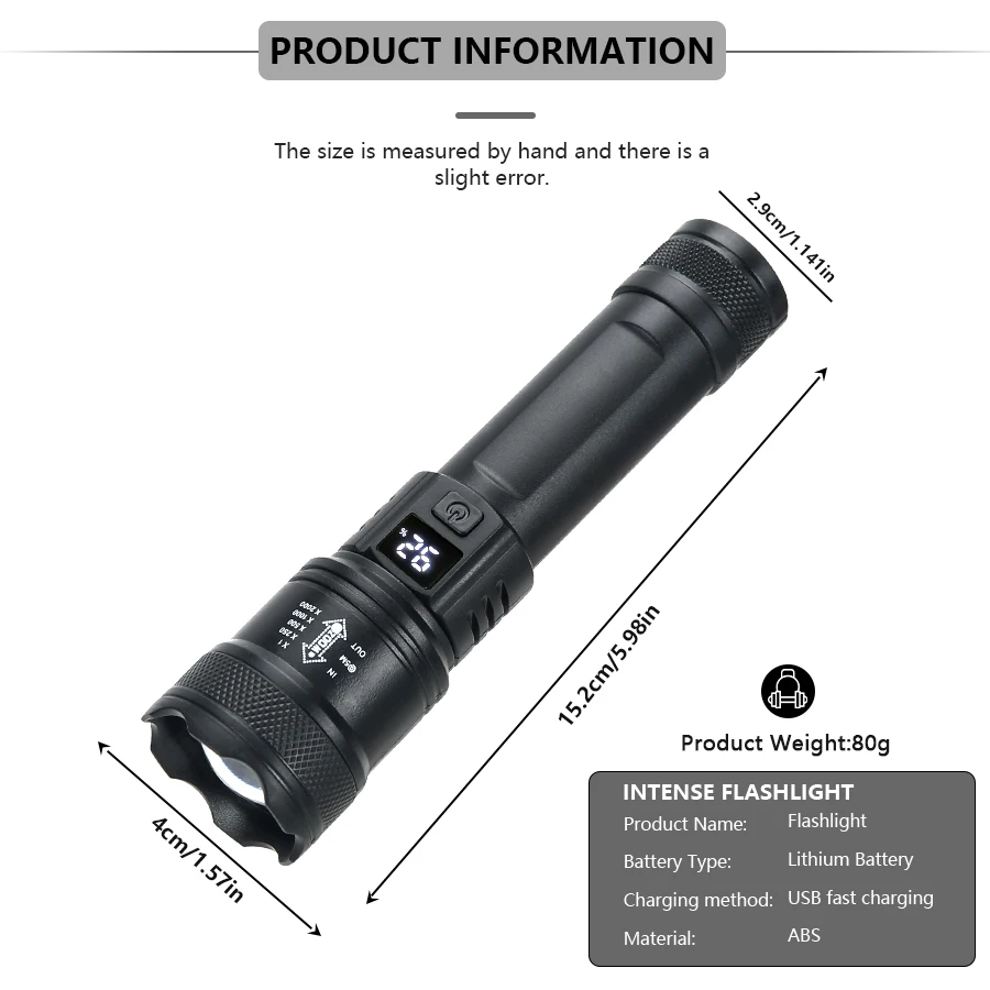 강력한 LED 손전등 배터리 디스플레이, USB 충전식 조명, 텔레스코픽 줌 토치 램프, 야외 캠핑 낚시 랜턴, 9900LM