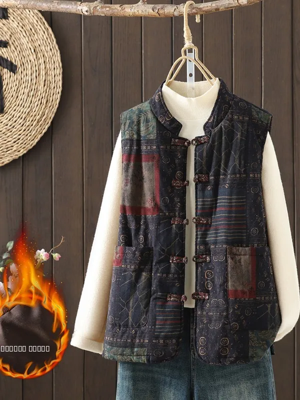 

Artistic Cotton Linen Printed Button up Vest Women's Autumn Winter Outerwear Thiened Silk Cotton Filling Regular Length