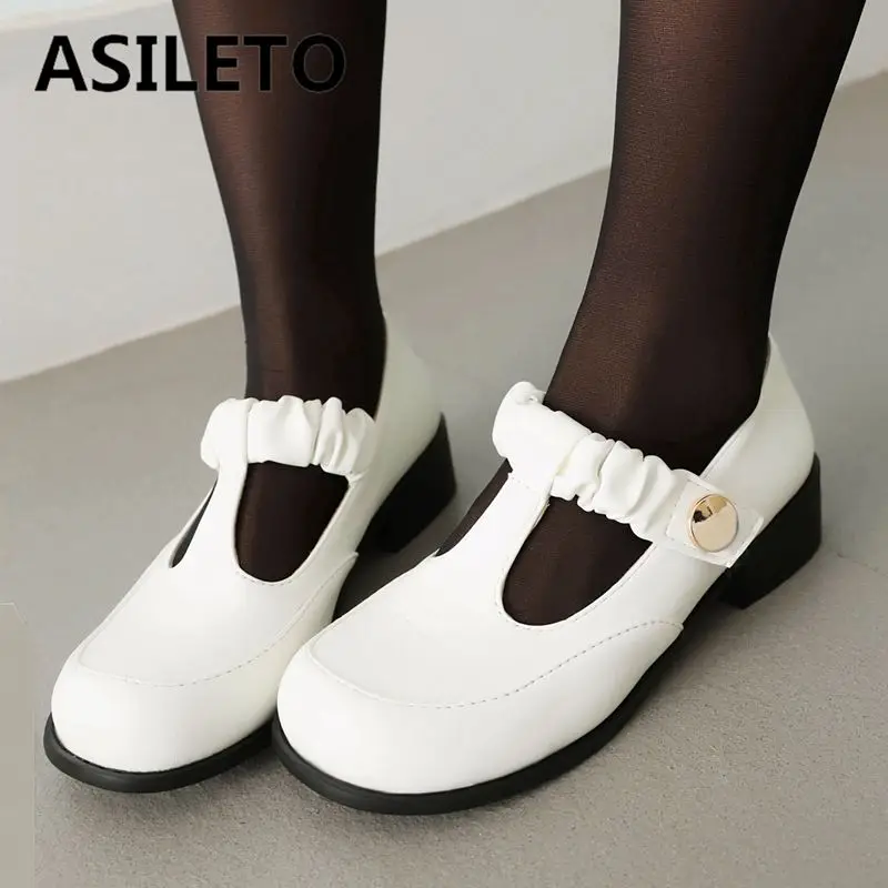 ASILETO Brand Sweet Female Pumps Round Toe Block Heels 3.5cm Elastic T-Strap Big Size 41 42 43 Leisure Daily Soft Shoes Spring