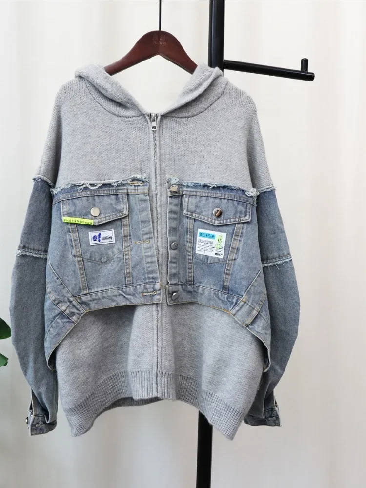 Denim Knitted Cardigan Autumn Winter Spliced Women\'s Hooded Korean Version Fashionable Loose Design Western Style Sweater Jacket