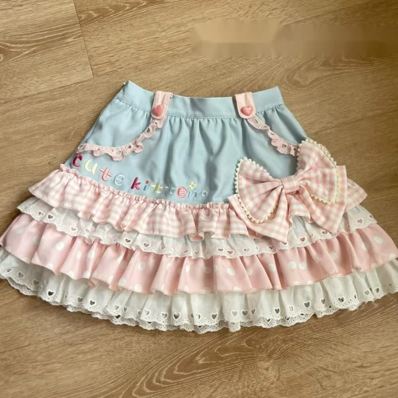Lolita Print Tops Bow Cake Blouse Y2K JK Lolita Japan Kawaii Girl Cute Sweet Lace T-shirt A-line Spliced Cake Skirt New Chic - Image 3