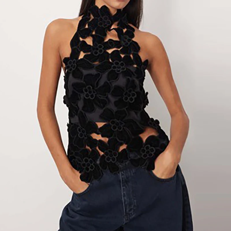 

exy Stand Collar Simple Backless Tops 2026 Summer Elegant Flower Hollow Sleeveless Vest Fashion Halter See-through Party Tees