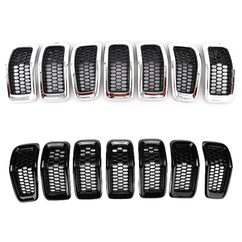 

7PCS Car Front Bumper Central Grill Cover Trim Mesh Honeycomb Racing Grilles Accessories For Jeep Cherokee 2014-2018(Black)