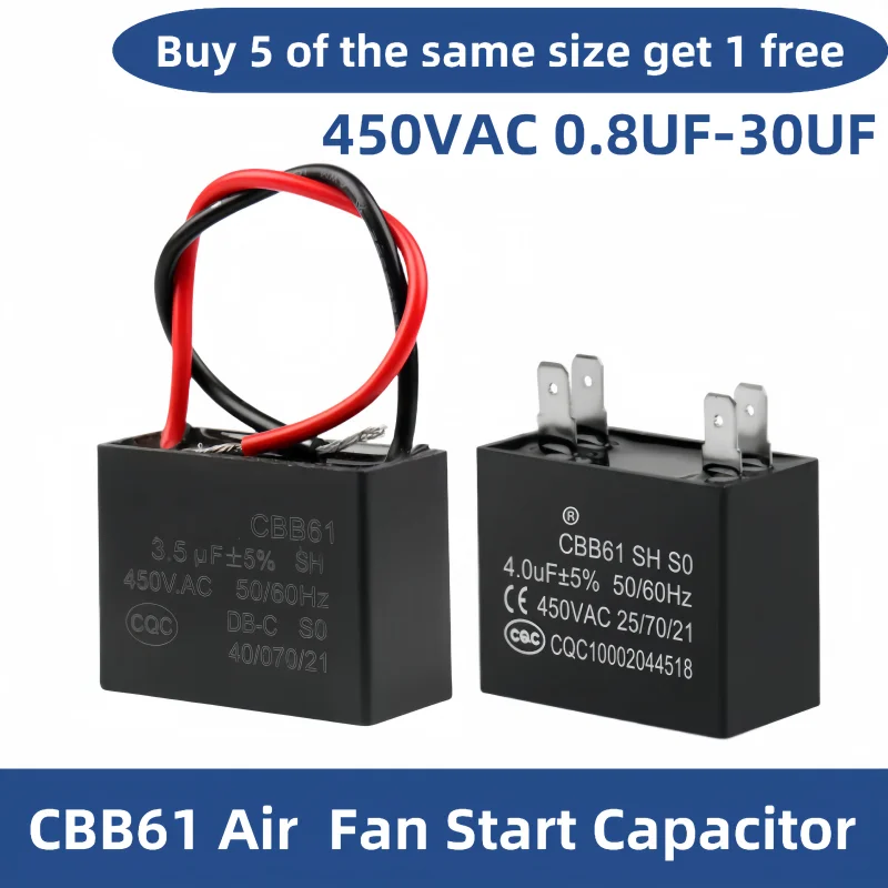 

CBB61 Fan Start Capacitor 450V 1UF 1.2UF 1.5UF 2UF 2.5UF 3UF 4UF 5UF 6UF 7UF 8UF 10UF 12UF 15UF 18UF 20UF 25UF For 400V 500V