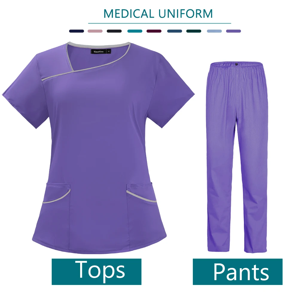 Women's Surgical Uniform Solid Color Short-Sleeved Top Pants for Nurses Workwear Fashion Scrubs Uniform Suit Nurse Accessories