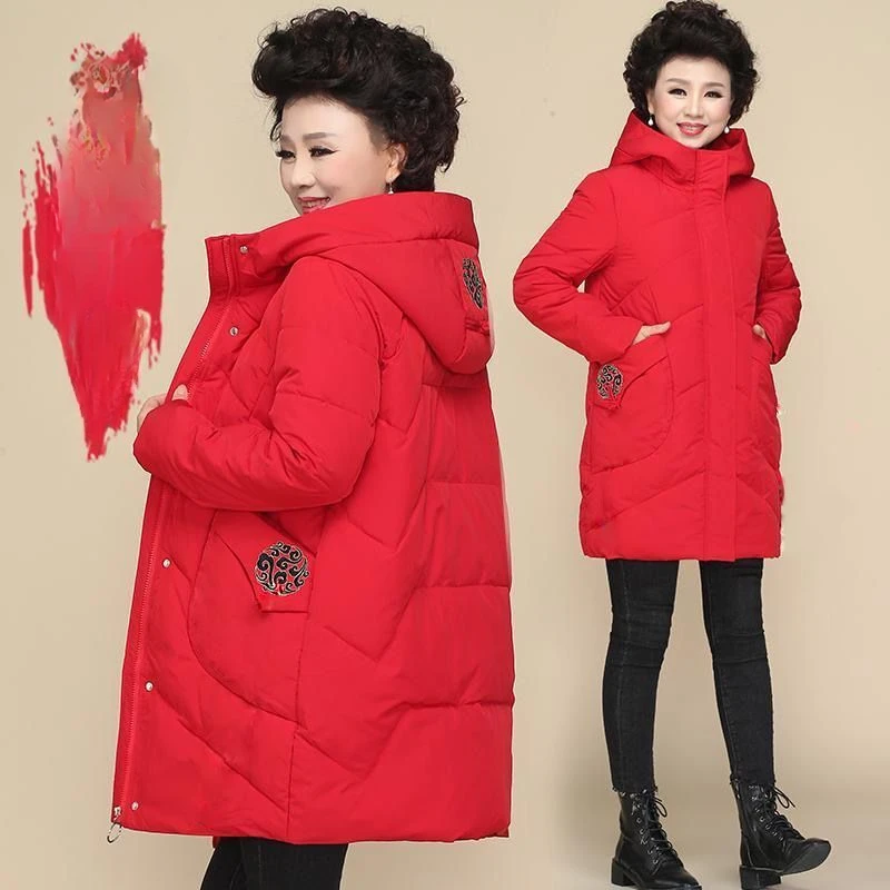 

2023 New Winter Cotton Coat Women Mid Length Thickened Middle and Old Age Jackets Hooded Overcoat