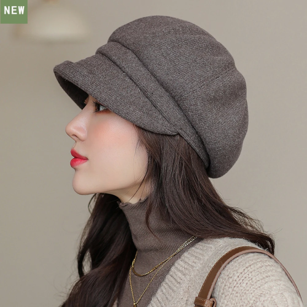 HT4270 Berets Women Solid Plain Autumn Winter Hat Ladies Vintage Artist Painter Beret Hat Female Roll Brim Octagonal  Cap