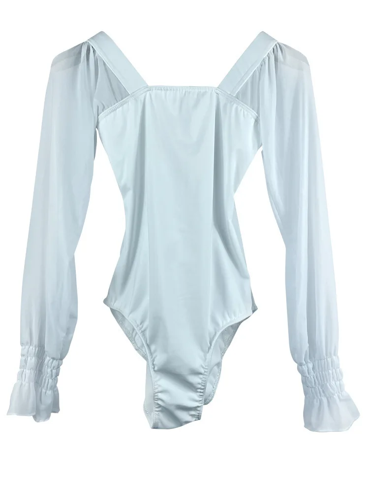 Mesh Patchwork Square Neck Slim Romper with Lantern Sleeves, Ballet Dance Bodysuit for Women, Stage Performance