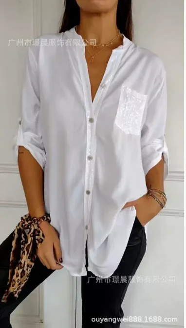 Top cardigan con tasca con paillettes e colletto rialzato da donna casual alla moda per l'estate 2025