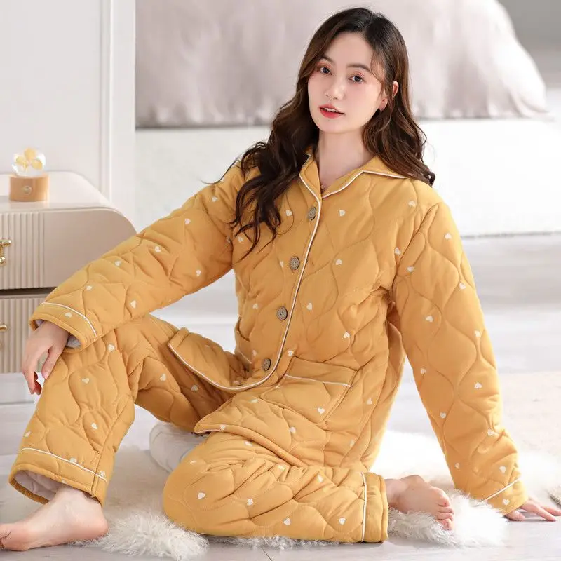 Pajamas Women's Winter Three-layer Cotton Padded Warm Pure Cotton Loungewear Suit Be Worn Outside Fashionable Cotton New Models