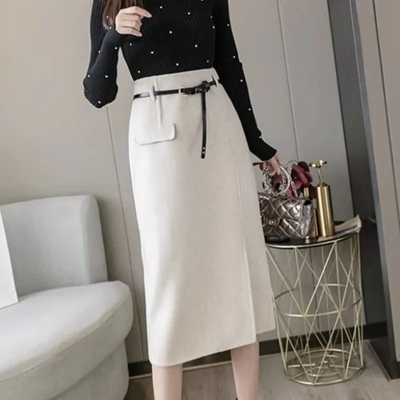 

New Autumn/Winter Thickened Wool Mid Length Halflength Skirt High Waist Slim and Fashionable A-line One Step Split Skirt A793