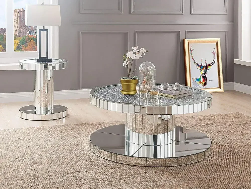 Shining luxury mirror furniture round floating crush diamond coffee table for living room