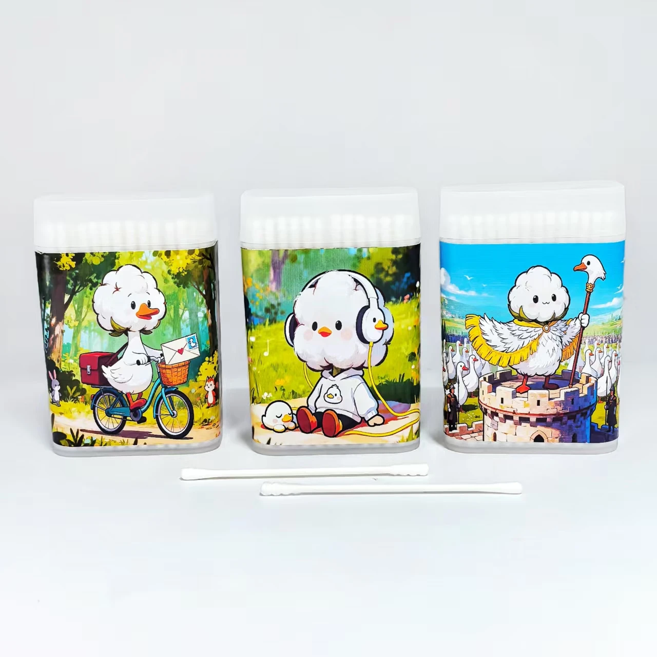 300pcs double-headed design cotton swab sticks with a large white goose theme and round spirals