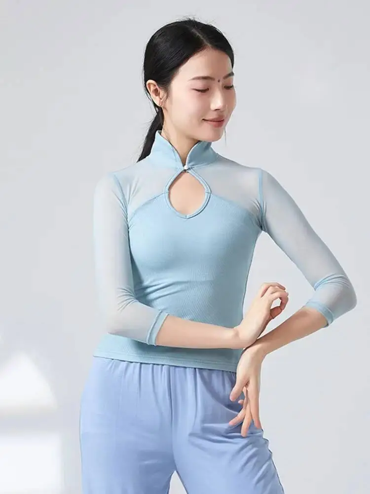 

Танцевальная рубашка с высоким воротом и сетчатым лоскутным узором, облегающий дизайн для женщин, топ в классическом стиле с длинными рукавами, репетиционная сцена