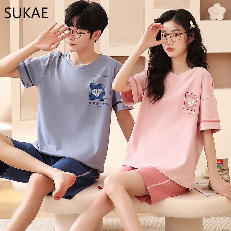 Sukae verão algodão shorts casal pijamas bonito pijama coreano conjunto para homem moda na moda mulher pijamas casuais