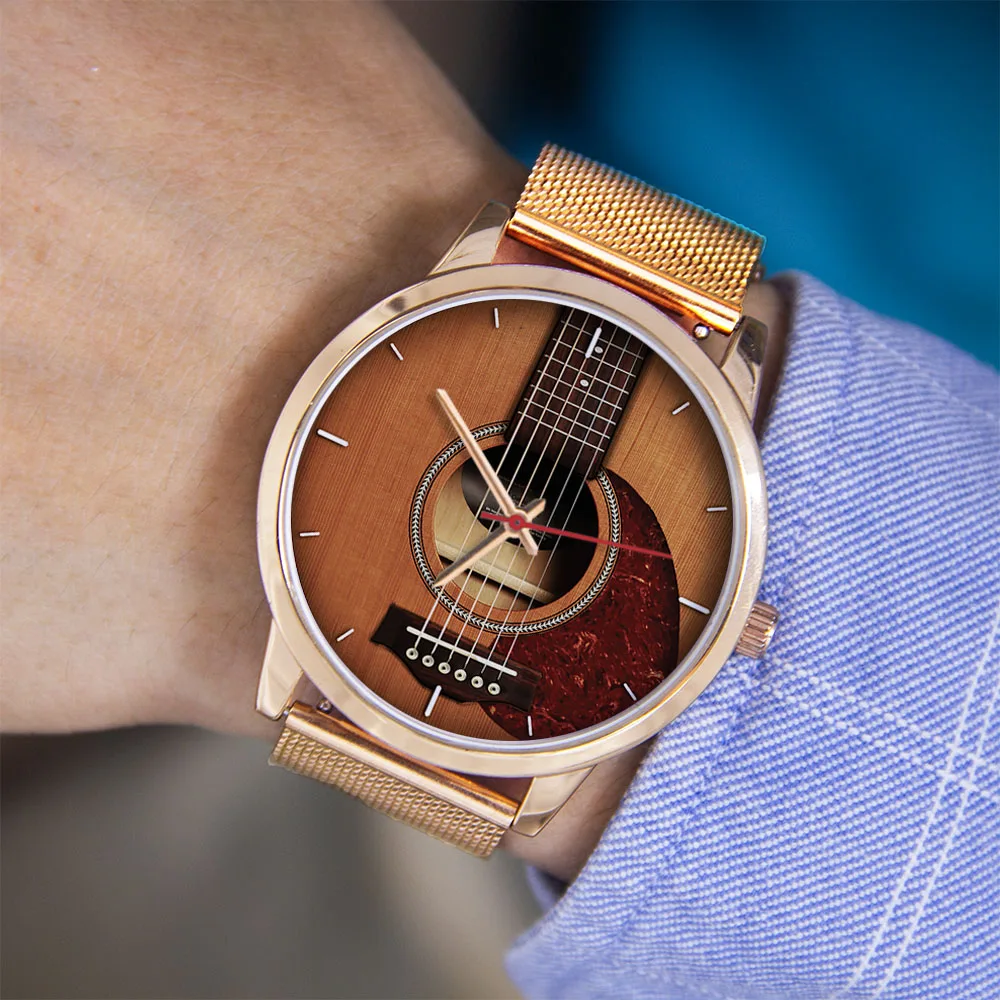 Guitar Bass Instrument Design Men's Personalized Watch Traditional Hands Simple  Fashionable Watch Musician Gift Rose Gold Case