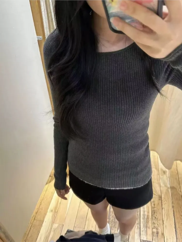 

Модные серые вязаные футболки женские осенние новые хлопковые джемперы с разрезом на шее и длинными рукавами тонкий джемпер в консервативном стиле американские свитера топы Y2K