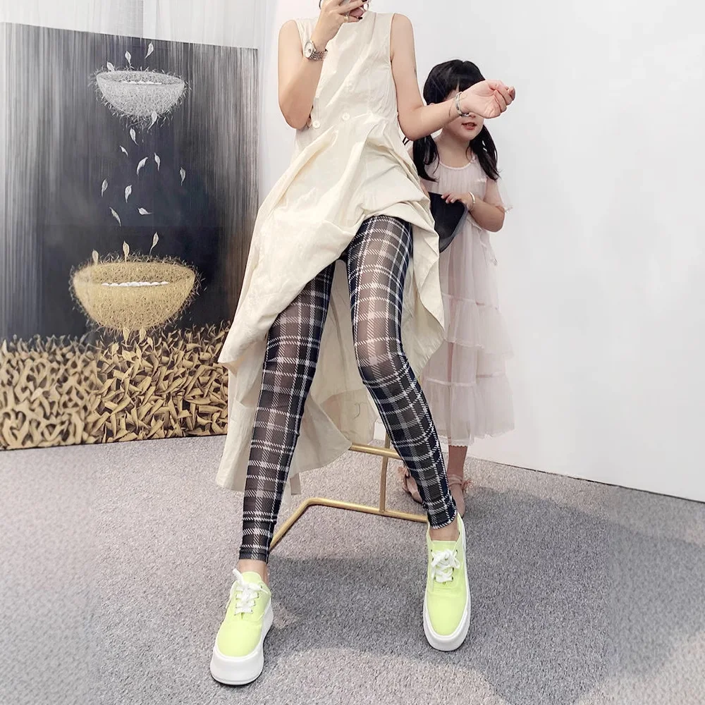 Retro Plaid Printed Women's Mesh Leggings Summer Thin Sheer Single-Layer High-Elasticity Hottie Sexy Tight Cropped Pants