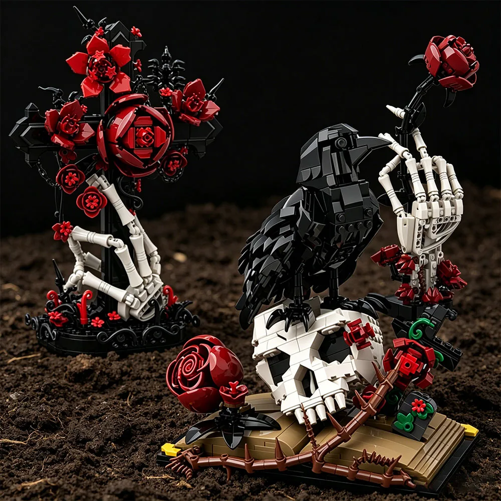 MOC Totenkopf-Rosenstrauß Modell Gotischer Krähenschädel Blumen Dekoration Gotisches Kreuz Festival Party Geschenke ﻿