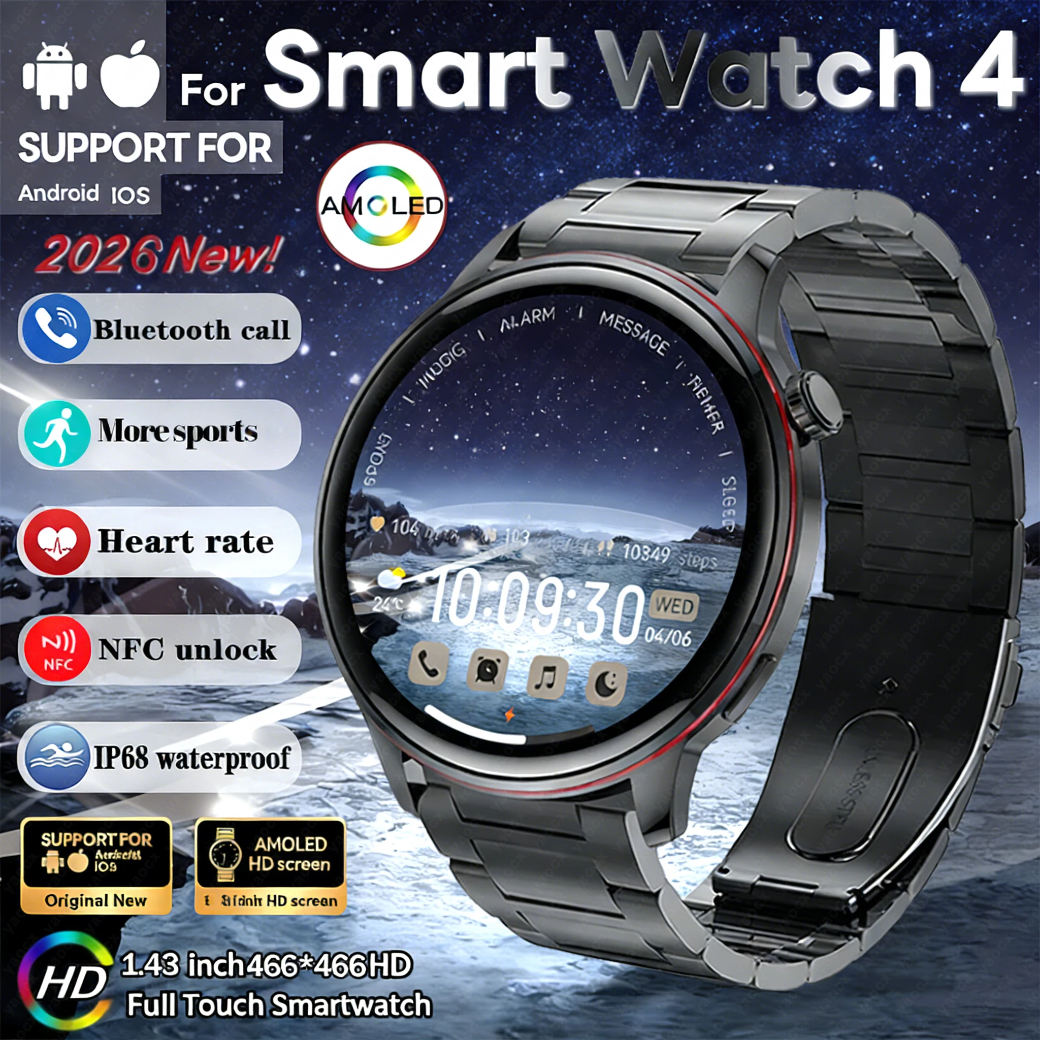 

Новые модные смарт-часы 2026 года для женщин и мужчин с AMOLED-экраном 1,43 дюйма, мониторингом сердечного ритма и здоровья, Bluetooth-звонками, деловые смарт-часы