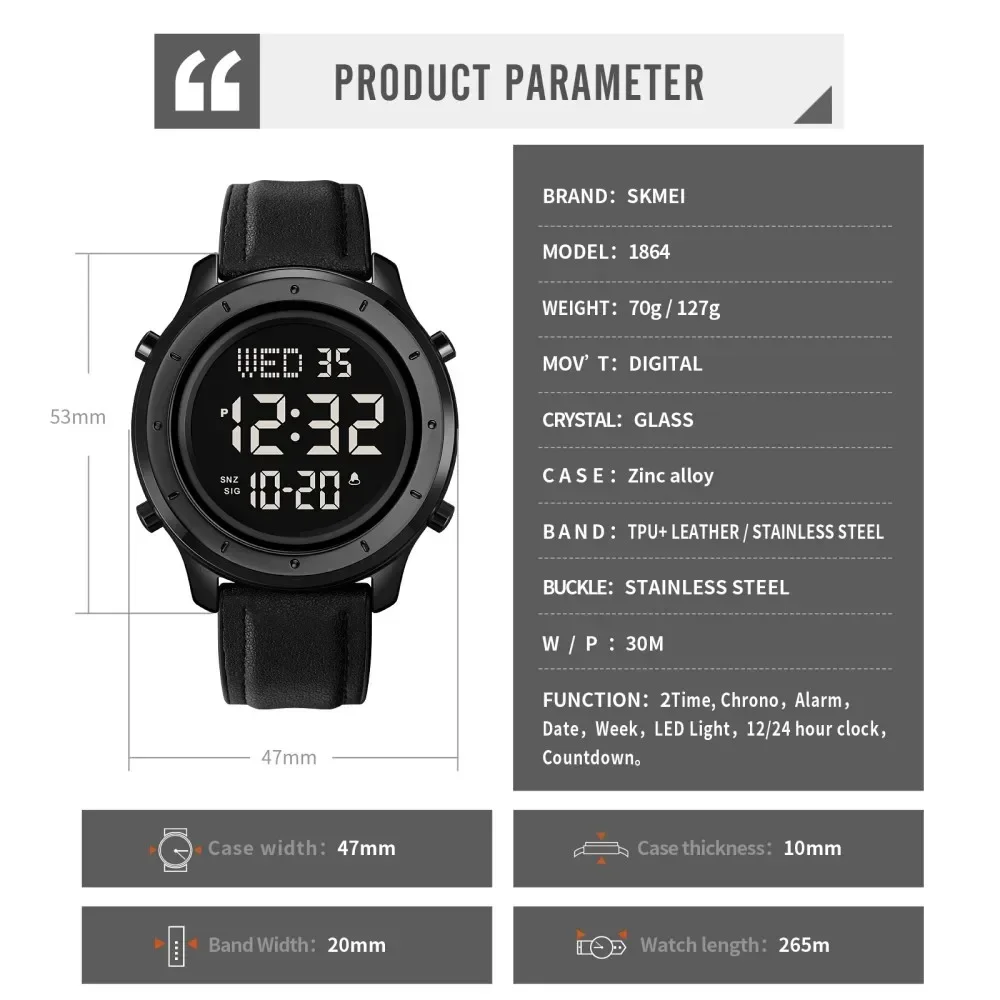 SKMEI Waterproof Countdown Calendar Digital Wristwatch reloj hombre 1864 New Sport Watches Mens Multifunction Stopwatch