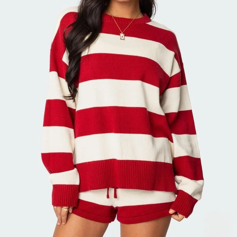 

Women's Stripe Knit Sweater Set Summer Fashion Ensemble Knitted Stripe Design Comfortable Breathable Casual Wear