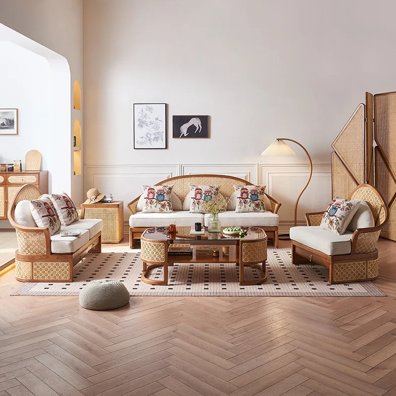 New Chinese Solid Wood Sofa Combination Club Lobby Wabi Sabi Wind Light Luxury with Drawer Storage Ash Wood Rattan Sofa