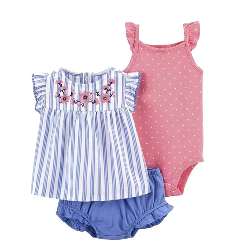 Baby Girls Summer Clothes Sets Cotton Flower Kids Toddler Outfits Short Sleeved Bodysuit Shorts 3Pcs Infant Clothing 6-24 Months