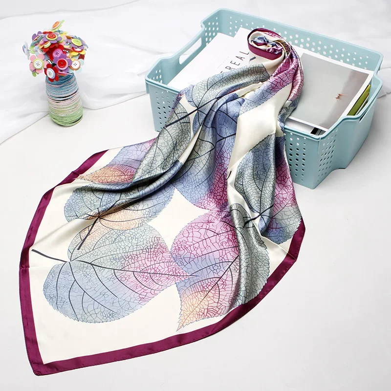 QLUKEOYY Silk Scarf Women 2021 New 90cm Silk Simulation Small Square Scarves Leaf Print Shawl Kerchief Coverchief Headcloth