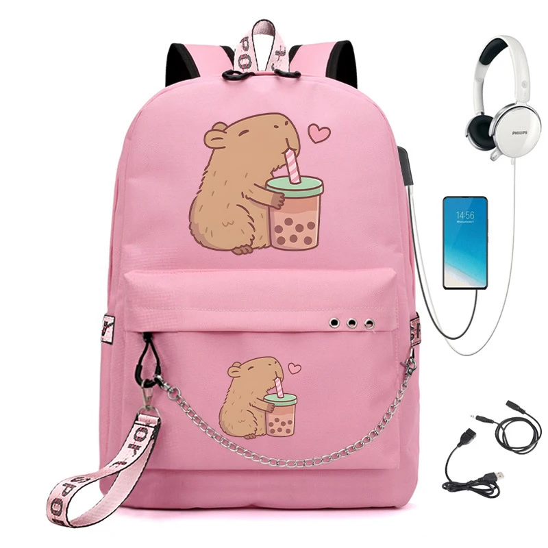 Cartoon Capybara School Backpack for Student Kawaii Schoolbag Girl Children Backpack Anime Cartoon Teenager Bagpack Usb Bookbag