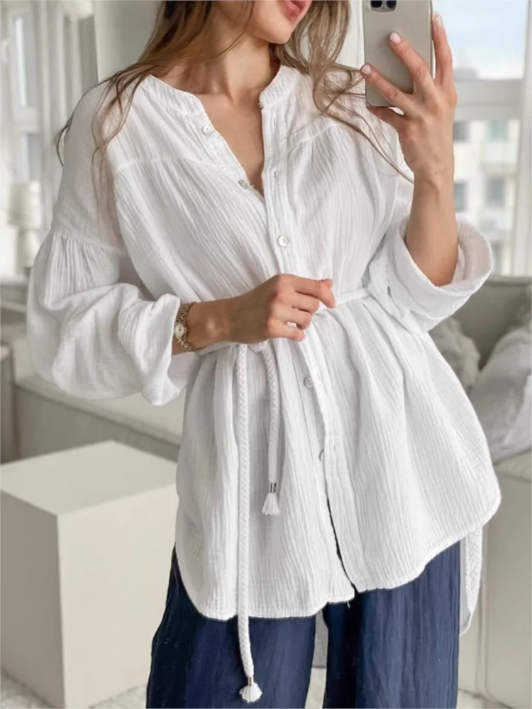 

White Cotton Shirt Women Fashion Belt Single Breasted Stand Collar Bubble SleeveTops 2025 New Summer Office Casual Loose Shirts
