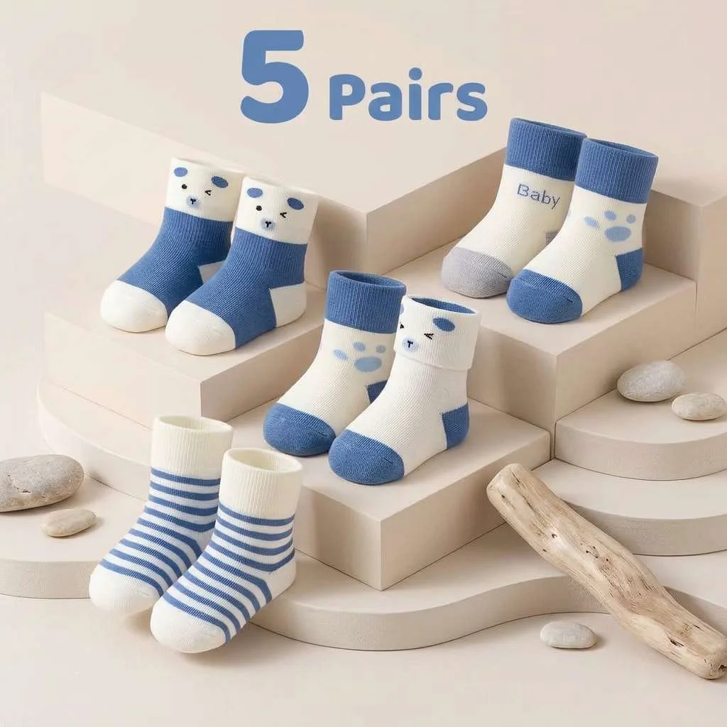 5 Pairs Newborn Baby Socks Blue Bear Mid Calf Soft Cotton Socks for Infant Boys Girls All Season - view 2