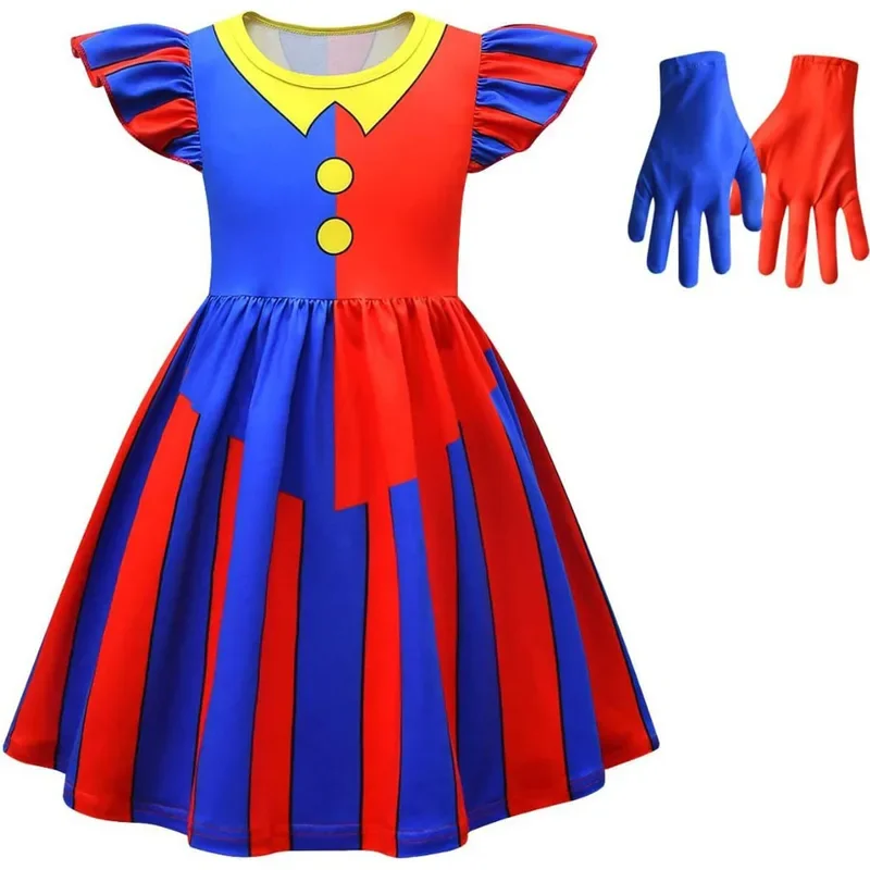 Anime Magical Circus Pomni Cosplay Dress Kids Cute Cartoon Printing Dress Ragatha Role Play Nightdress Halloween Carnival Party