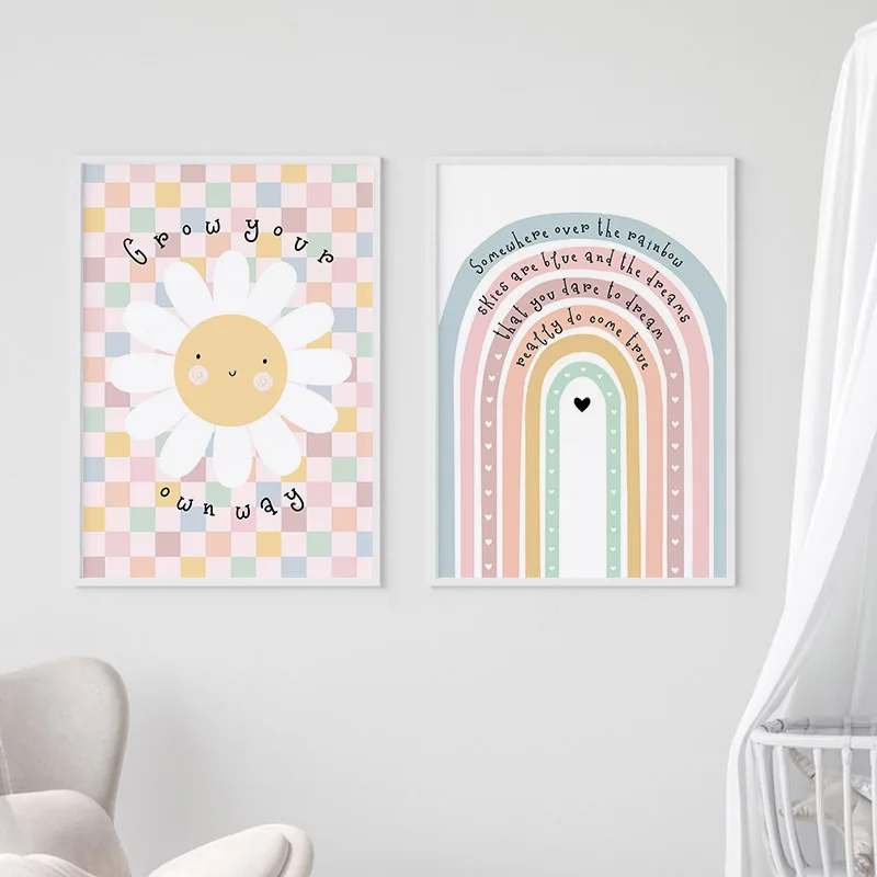 Toile d'art mural avec soleil, fleur, arc-en-ciel, nuage, cœur, peinture sur toile, affiches et imprimés de dessins animés nordiques, images, décor de chambre d'enfant et de bébé