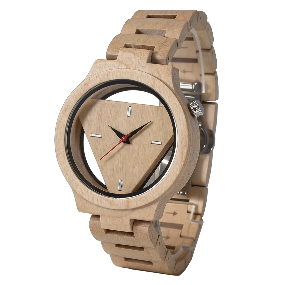Handmade Bamboo Wood Wristwatch for Men with Skeleton Dial Analog Quartz Round Butterfly Clasp Wooden Watch
