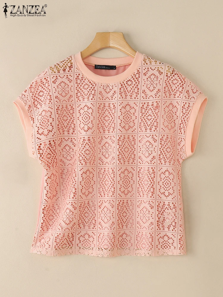 

See Through Lace Blouse Women Solid Hollow Out Tops ZANZEA 2025 Summer Cover-Ups Beach Pullovers Casual Short Sleeve Blusas