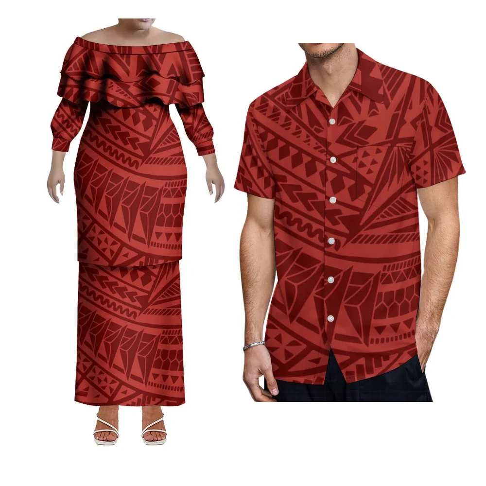 Nowo zaprojektowane zestawy dla par w stylu polinezyjskich wysp, drukowane w wysokiej rozdzielczości 3D, dwuczęściowy zestaw Puletasi dla kobiet i koszula dla mężczyzn.