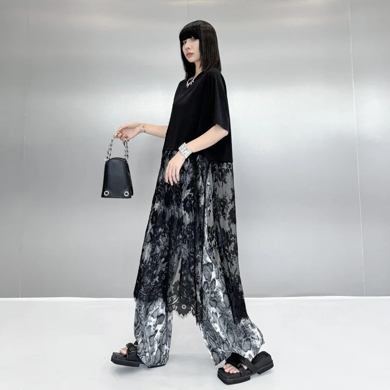 Tannt femmes robe mode dentelle Patchwork irrégulière t-shirt robes asymétrie noir décontracté longue été t-shirt robes pour les femmes