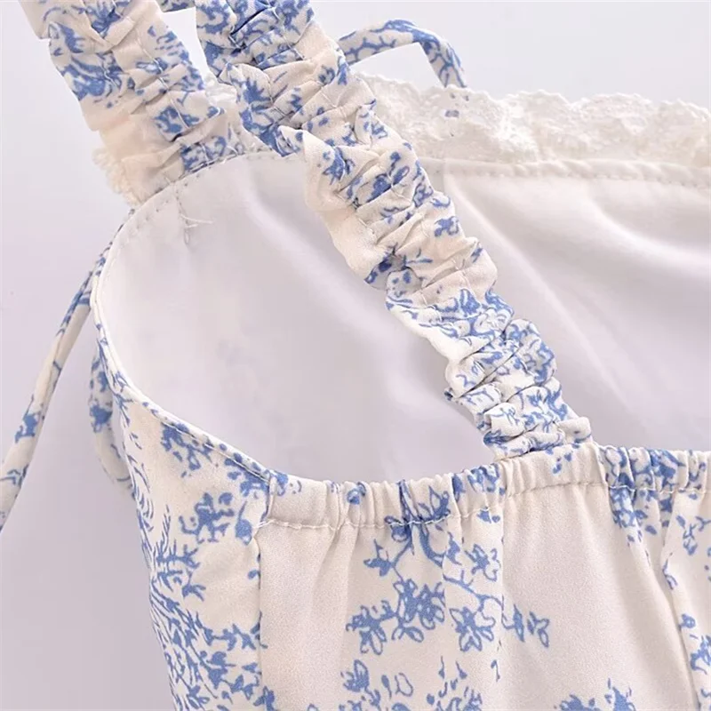 KEYANKETIAN 2024 nowa premiera damska mała plisowana kwiecista nadruk słodka kokardka sznurowana smukła koszulka Tank podkoszulka damska krótki Top