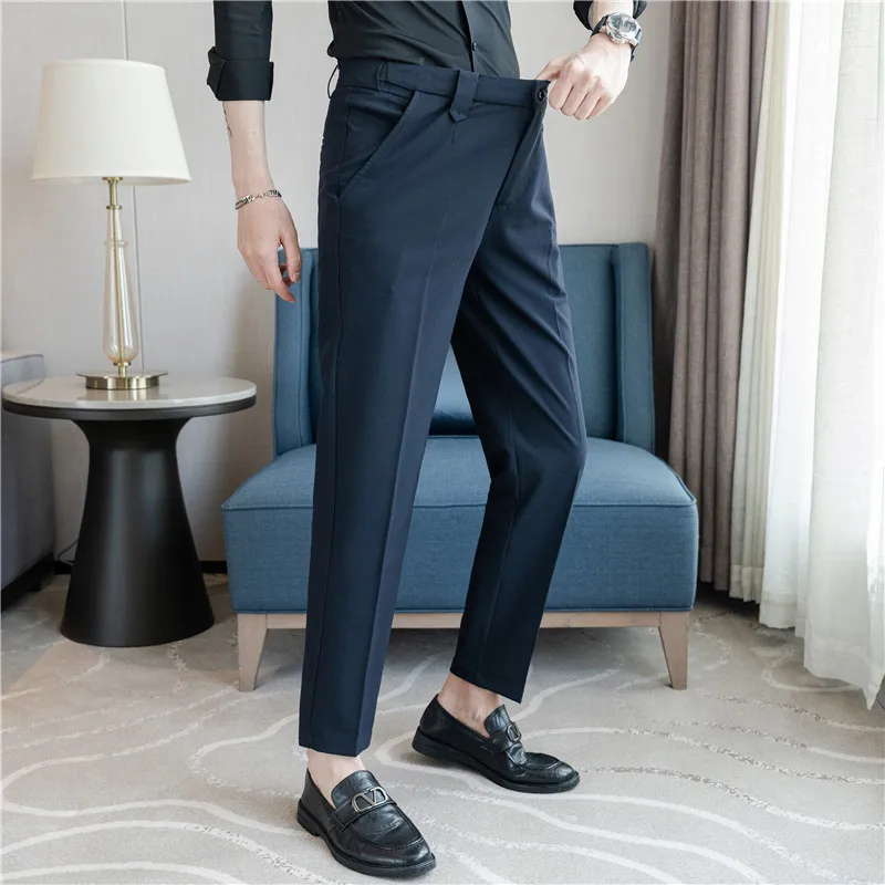 

Men's Casual Pants Adjust Waist Designer Yarn-dyed Texture Pants Stretch Slim Fit Easy Care Suit Pants Men Business Clothing