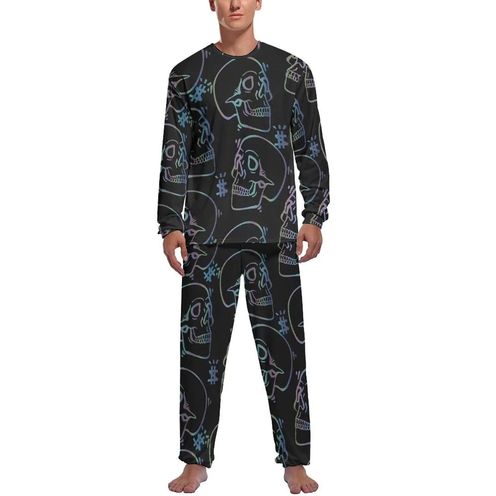 Skull Graphic Pajamas Winter Colorful Skulls Print Bedroom Home Suit Man 2 Pieces Pattern Long Sleeves Kawaii Pajama Sets