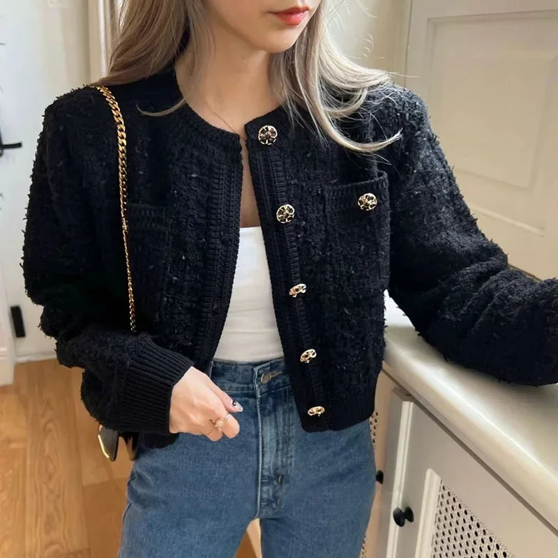 Korean Style Pink Round Neck Cropped Cardigans Women Chic Button Long Sleeve Knitted Coats Woman Elegant Pocket Short Cardigan