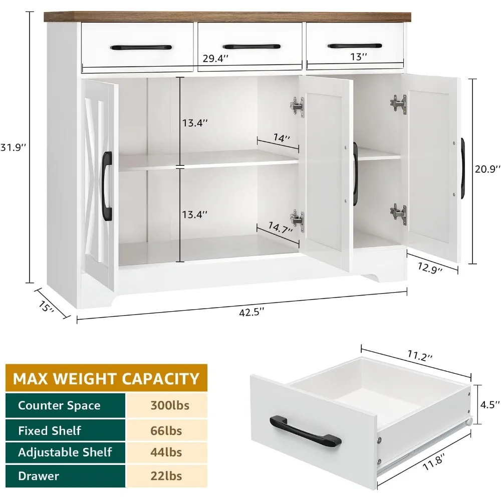 Farmhouse Modern White Wooden Sideboard Cabinet with 3 Barn Door, 3 Adjustable Shelves, 2 Drawers, for Kitchen, Dining Room