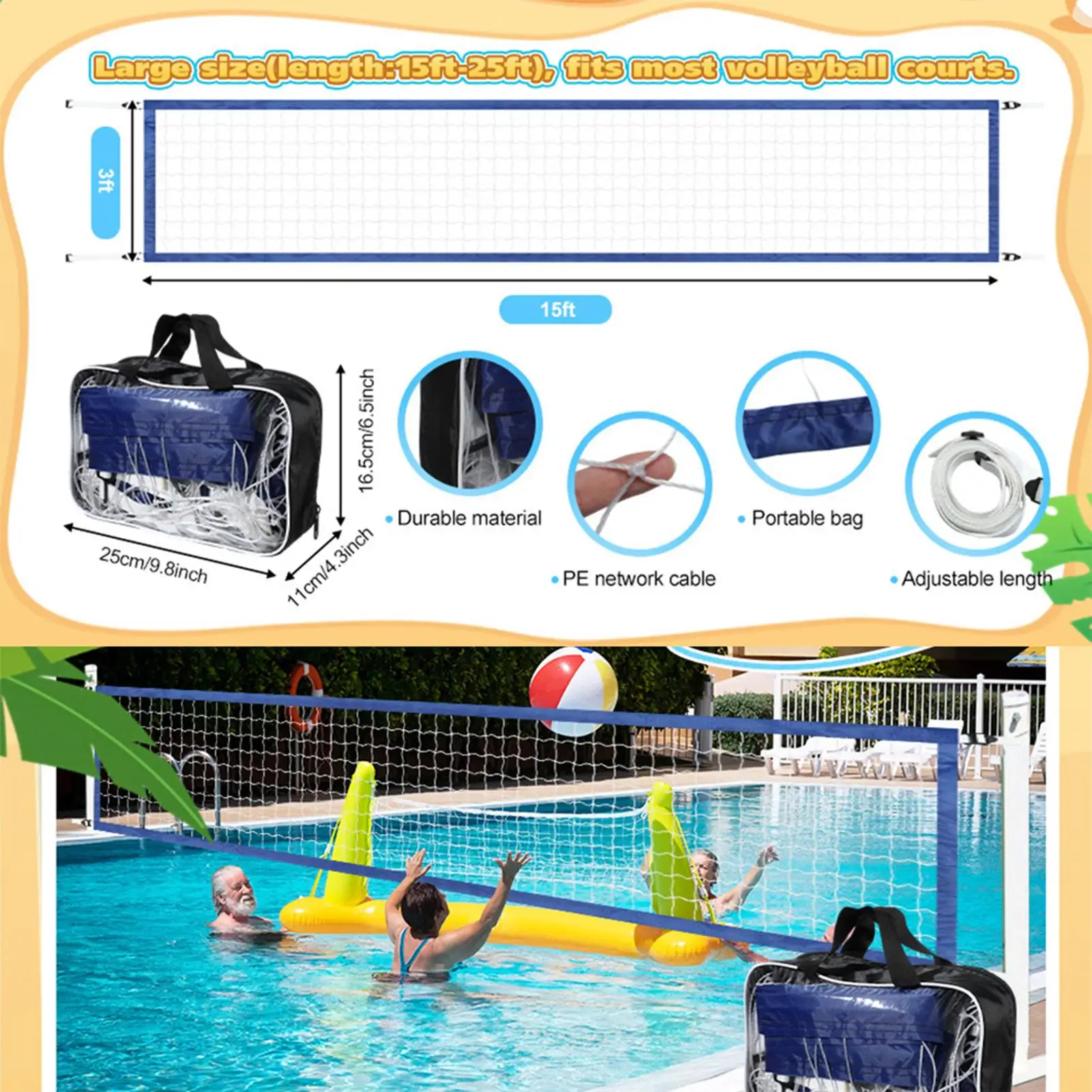 

Pool Volleyball Net Replacement Portable 15 x 3ft Volleyball Net for Adult Water Game Polyethylene Entertainment Volleyball Net