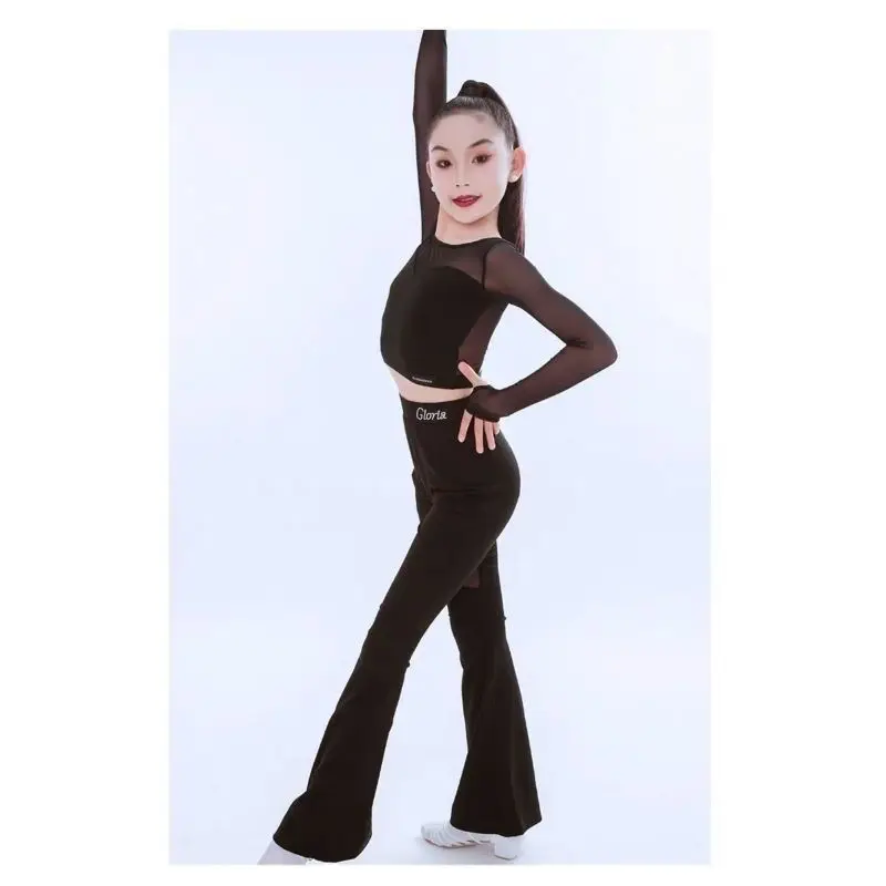 라틴 댄스 의상 여성용 메쉬 탑 프린지 스커트 바지 어린이 라틴 공연 연습복