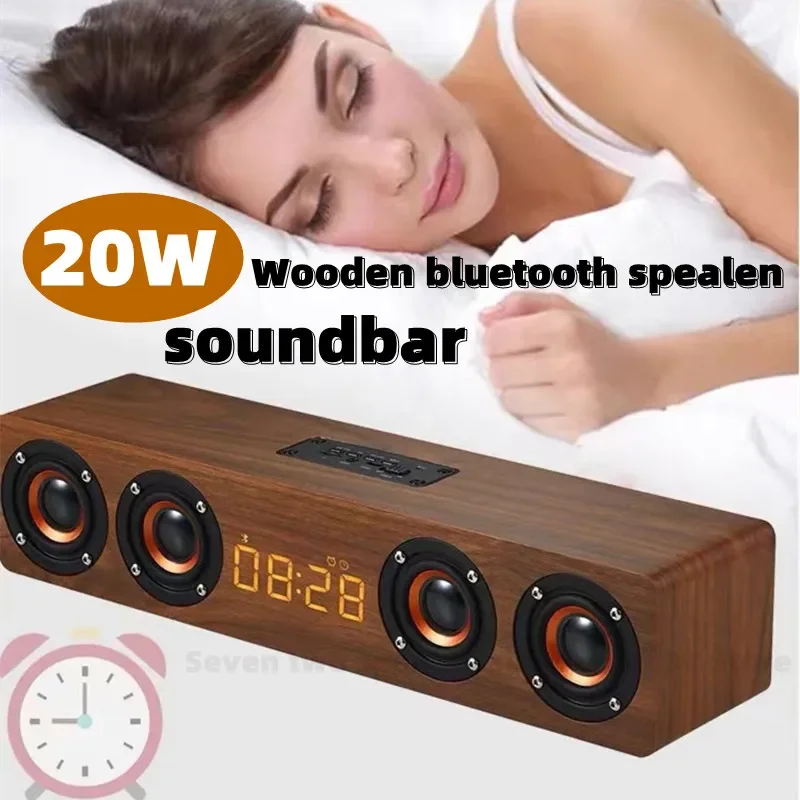 Wooden Soundbar BT Sound Box Music Acoustic System W8C Stereo Music Surround LED Clock Outdoor Bluetooth Speakers with FM Radio