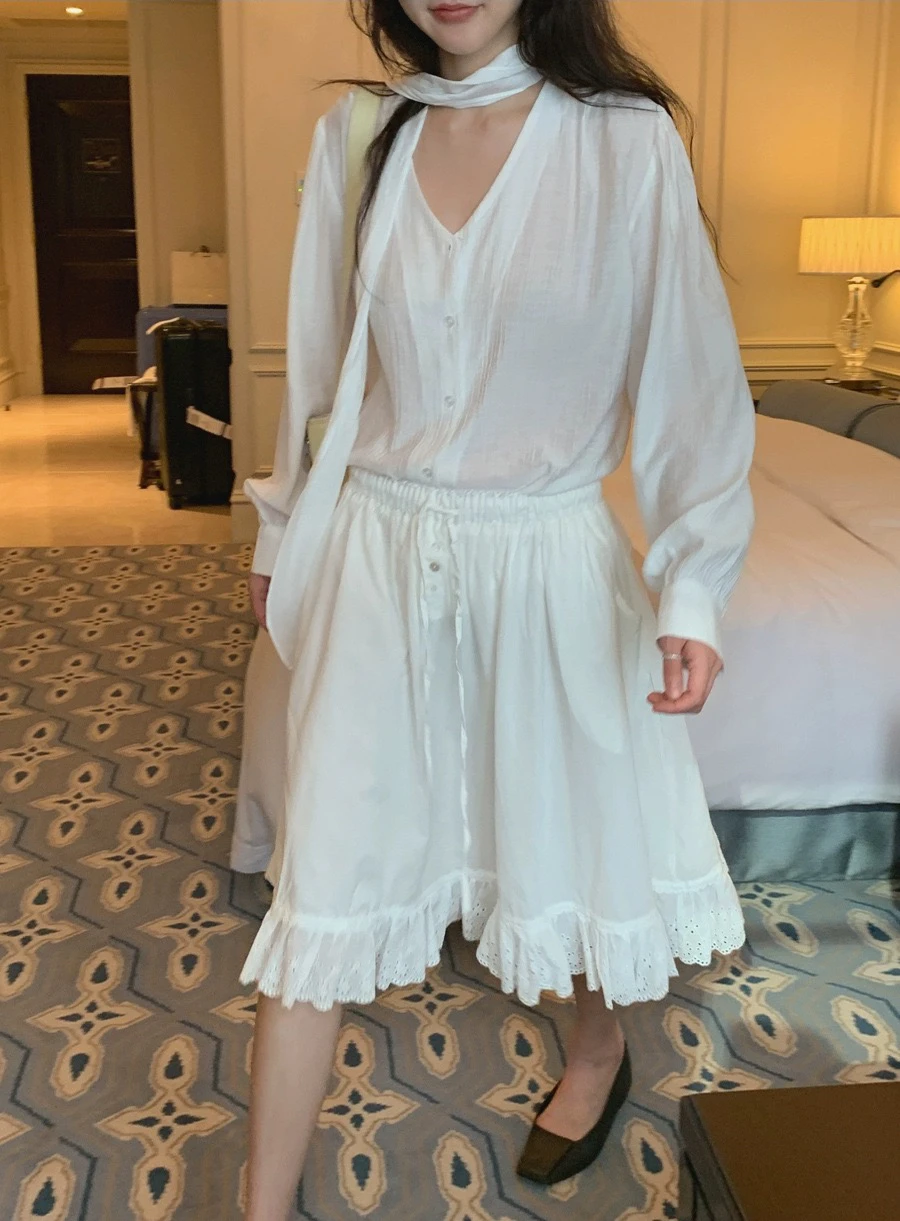 エレサマー新作スリット入りゆったりウエスト薄手透け感スカートセット レディースプレミアムファッション無地お尻...