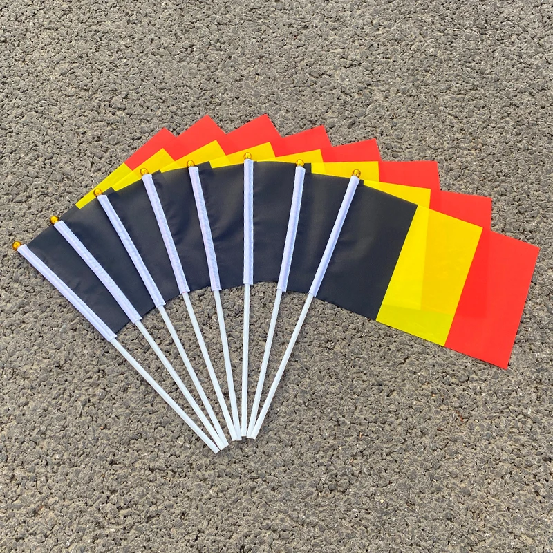 100Pcs 14*21Cm  Belgica bandera Belgium hand flag with flagpole polyester banner