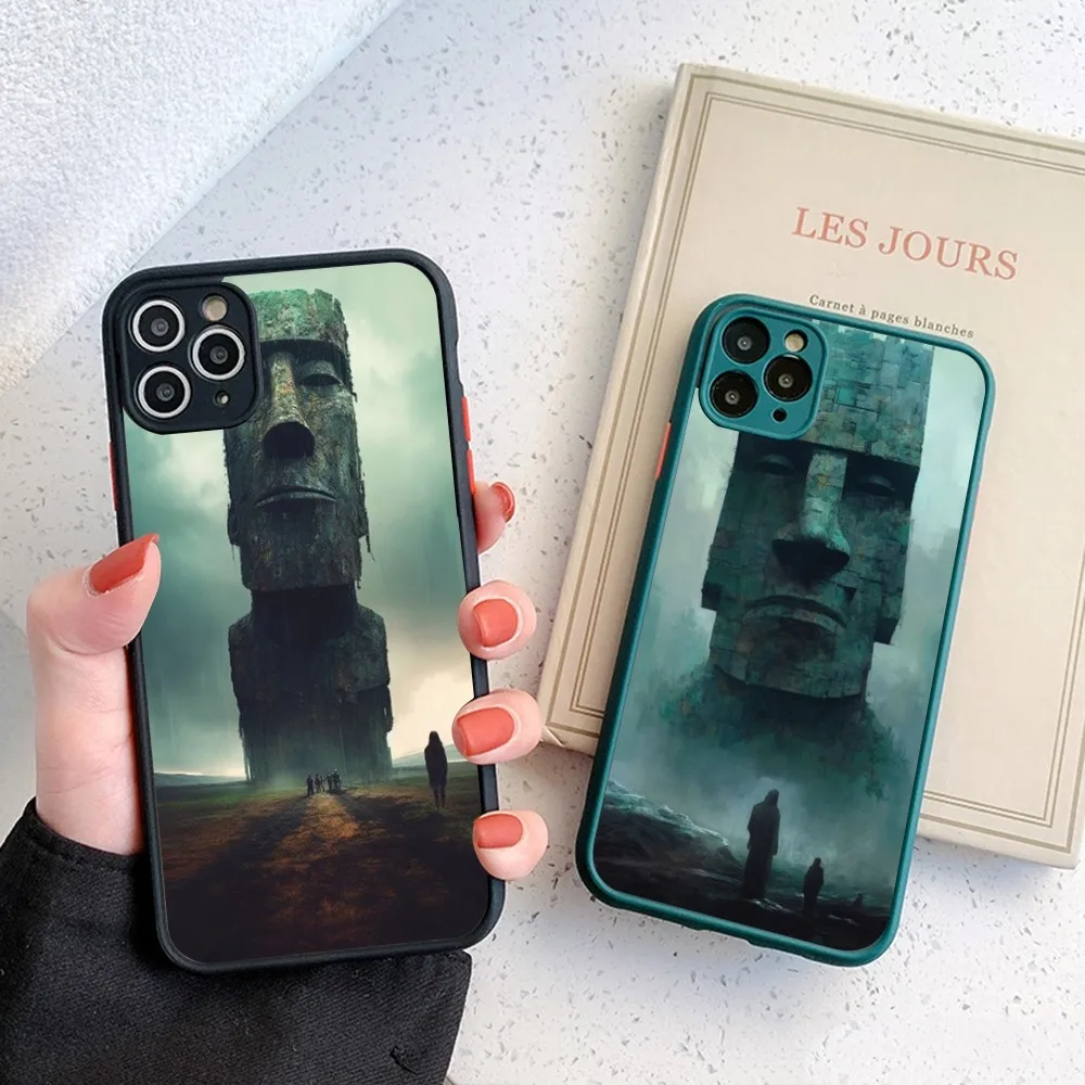 Creative Easter Island Stone Moai Phone Case for iPhone 14 11 12 13 Mini Pro Max 8 7 Plus X XR XS MAX Translucent Matte Cover